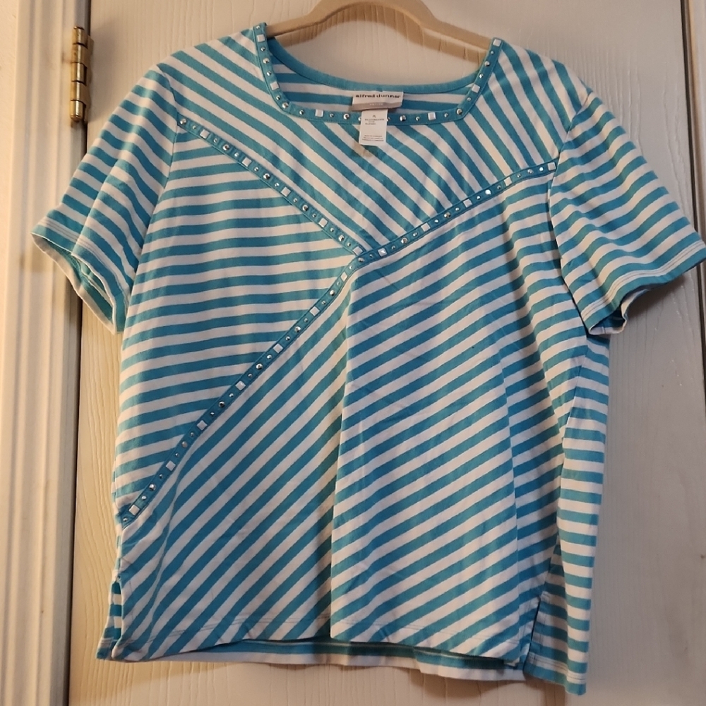 Alfred Dunner Kids Aqua and White Striped Tee
